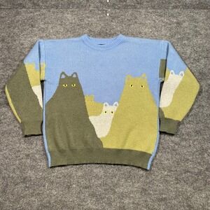 Vamtac Mens XL Blue Cat Graphic Intarsia Knit Crewneck Sweater Pullover
